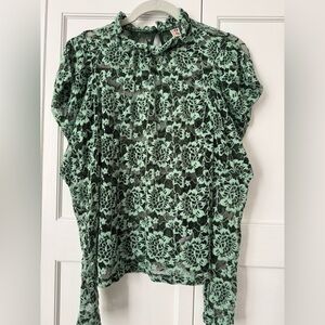 Anthropologie Dolan Left Coast Green Sheer Lace Puff Sleeve Blouse Size S